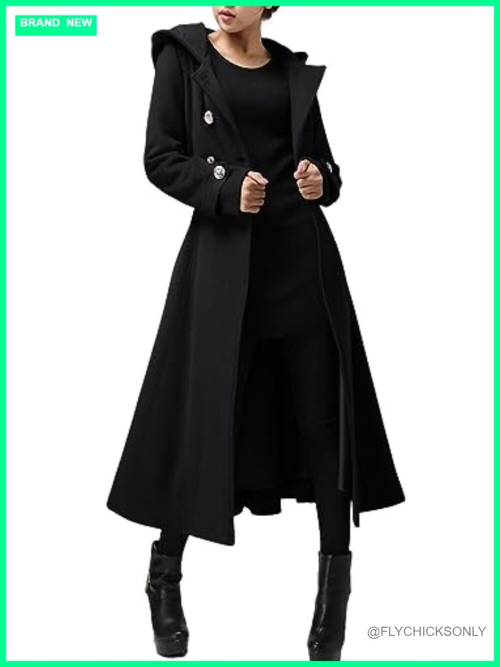 Long Double-Breasted Hooded Wool Blend Trench Coat Winter Windproof